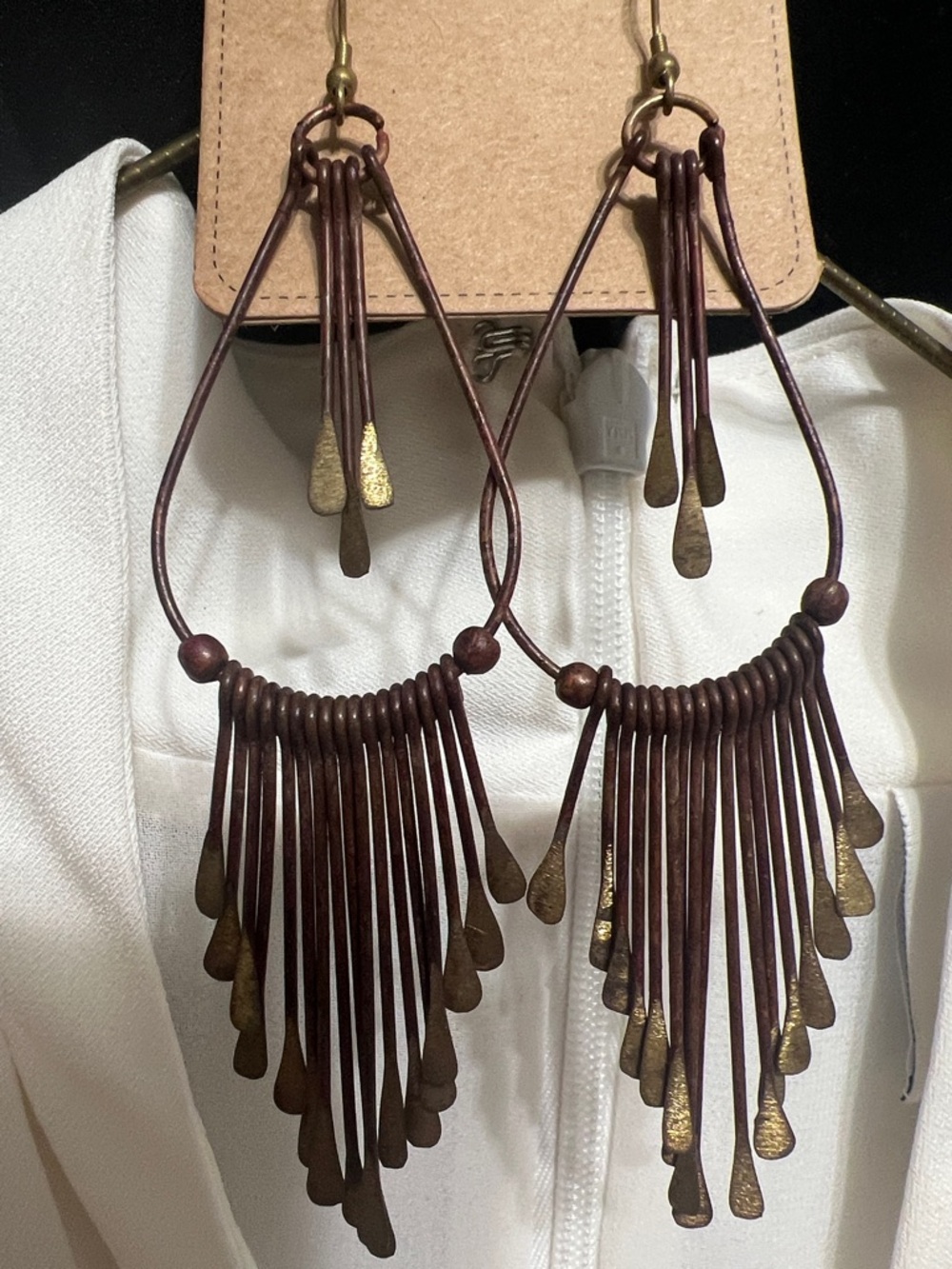 Boho Fringe Teardrop Earrings in Brown and Antique Gold
